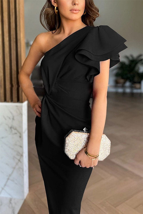 Mirena | Robe Midi Fendue À Épaules Dénudées Et Manches Volantées
