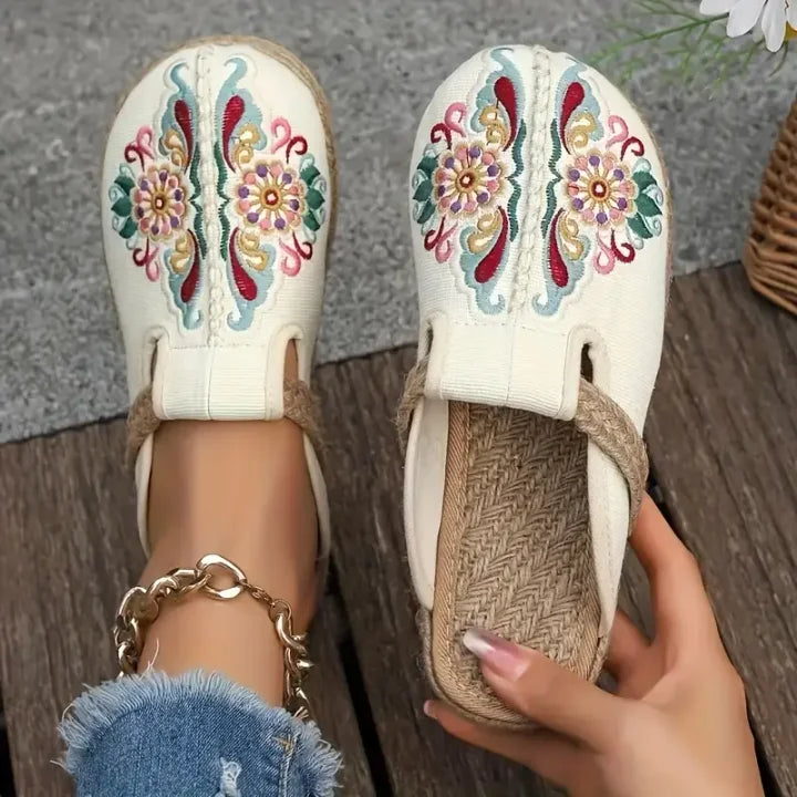 Katy | Pantolettes en Coton Brodé à Fleurs