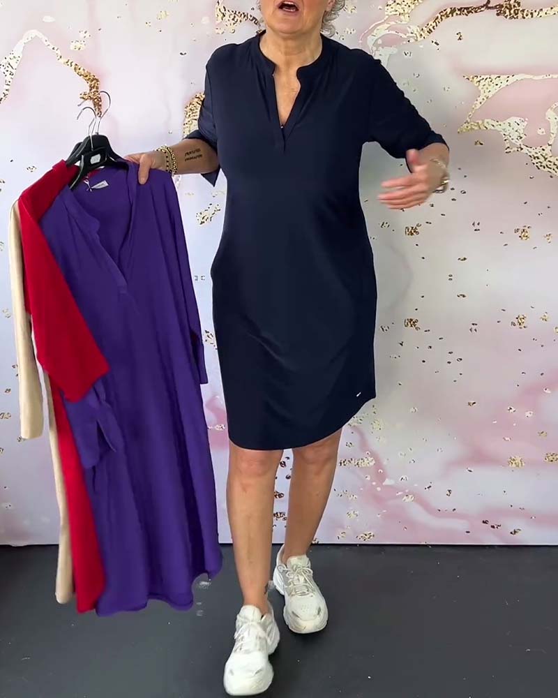 Elle - Robe Unie Col V Élégante Et Confortable
