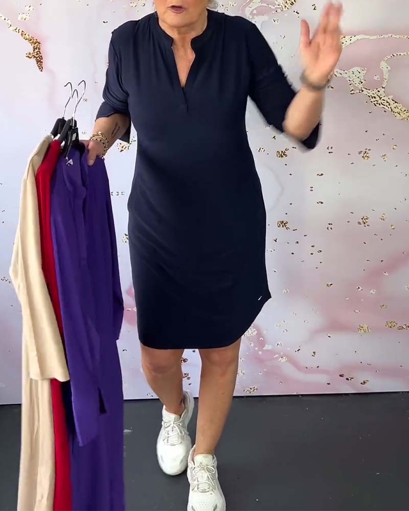 Elle - Robe Unie Col V Élégante Et Confortable