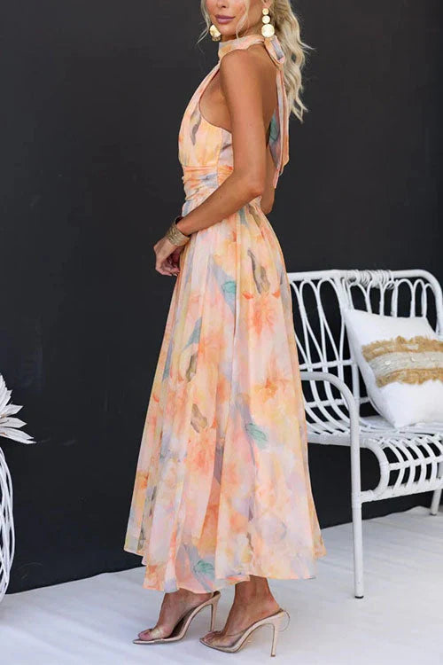 Charmaine | Robe Évasée En Chiffon À Imprimé Aquarelle Et Col Halter