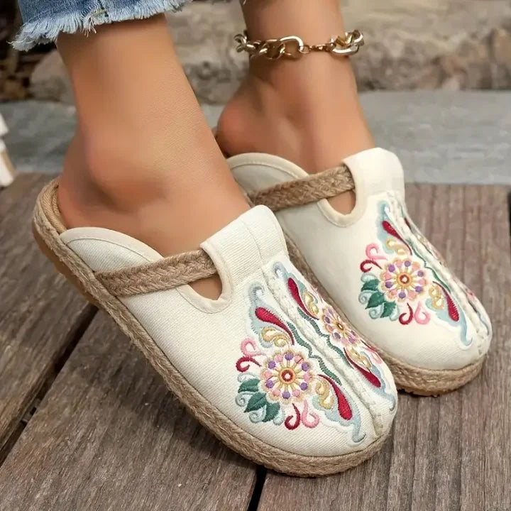 Katy | Pantolettes en Coton Brodé à Fleurs