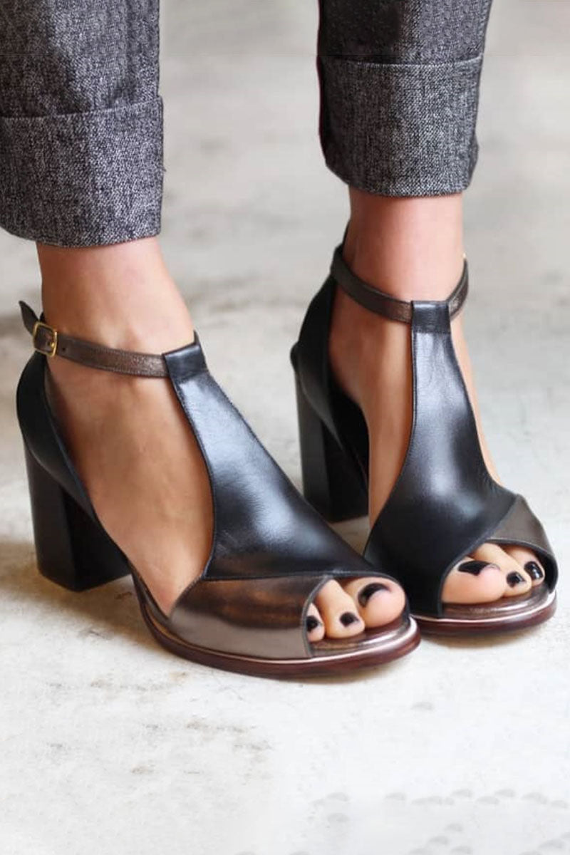 Katrina | Sandales Patchwork Noires à Bout Ouvert Et Talon Élégant