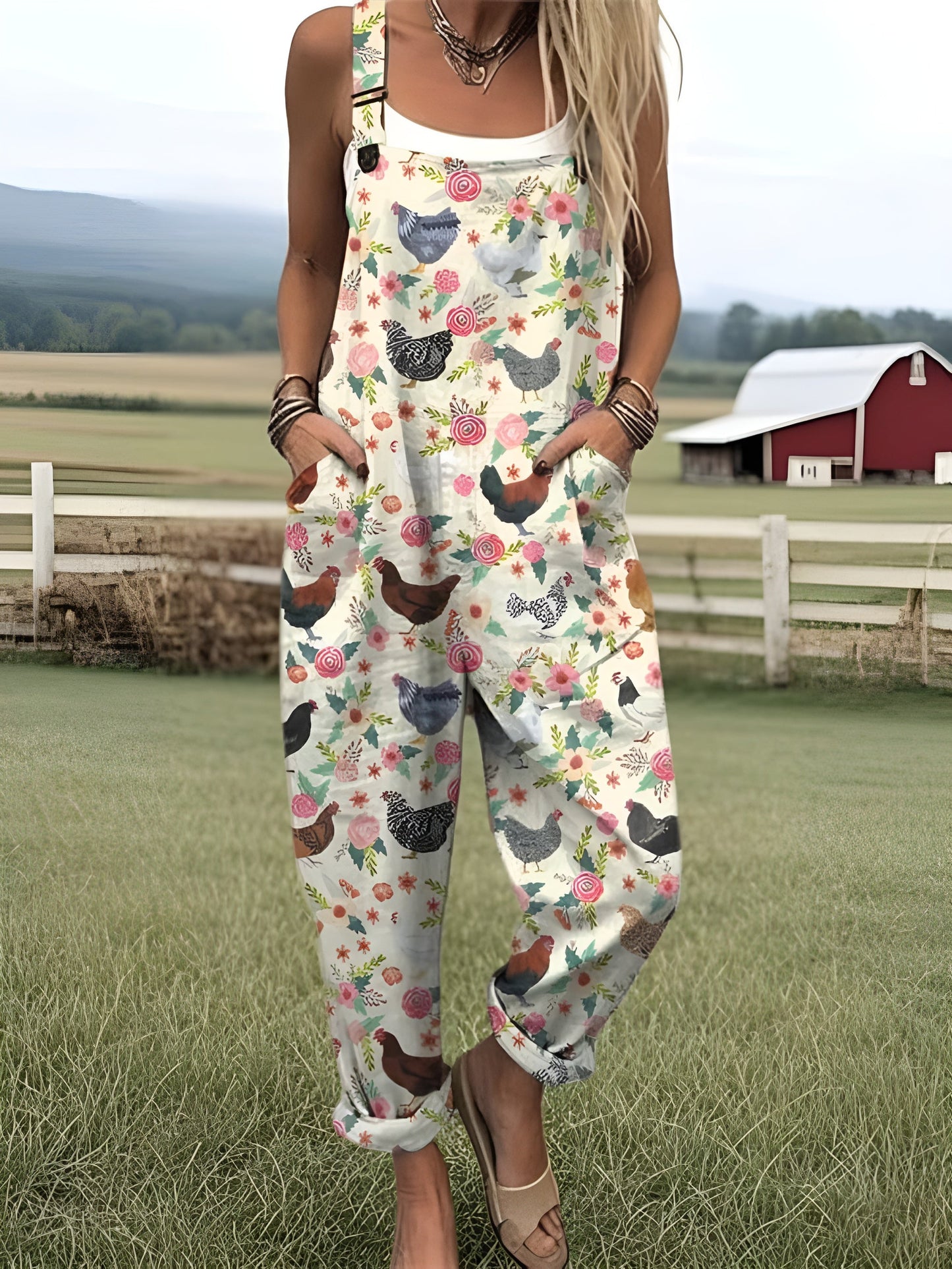 Lanie | Combinaison Large Imprimé Poule Et Fleurs