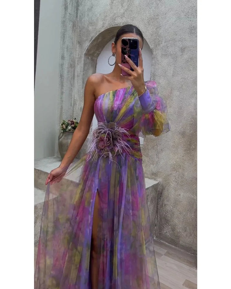Aureline | Robe Midi Satinée À Une Manche Et Décolleté En V