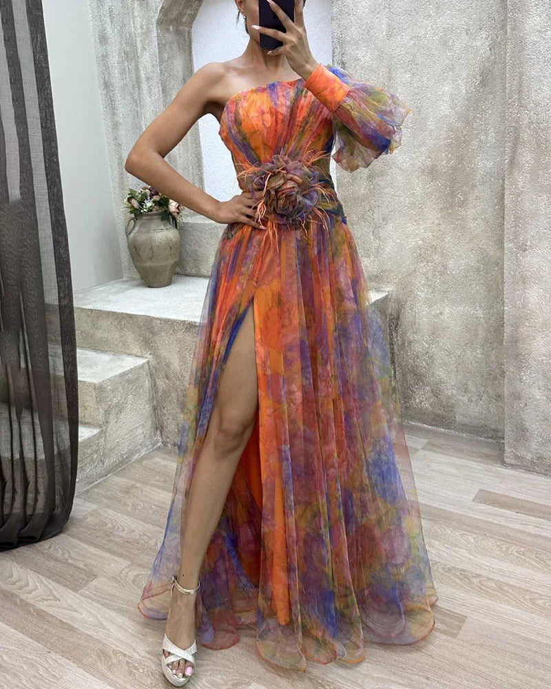 Aureline | Robe Midi Satinée À Une Manche Et Décolleté En V