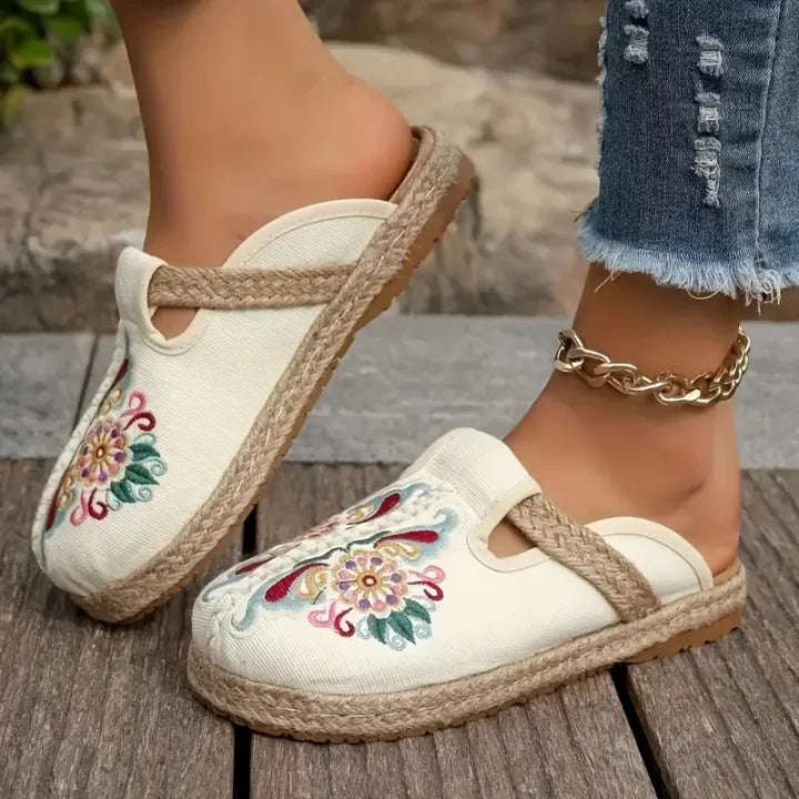Katy | Pantolettes en Coton Brodé à Fleurs