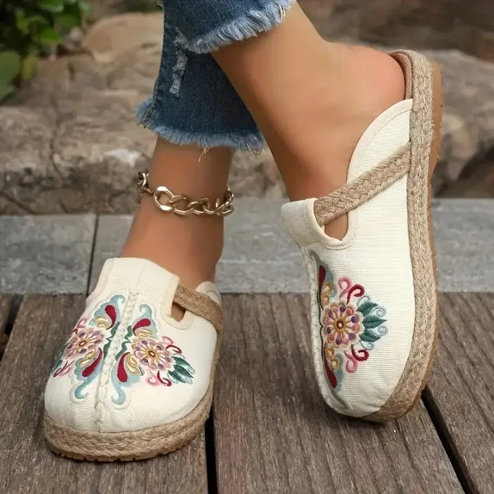 Katy | Pantolettes en Coton Brodé à Fleurs