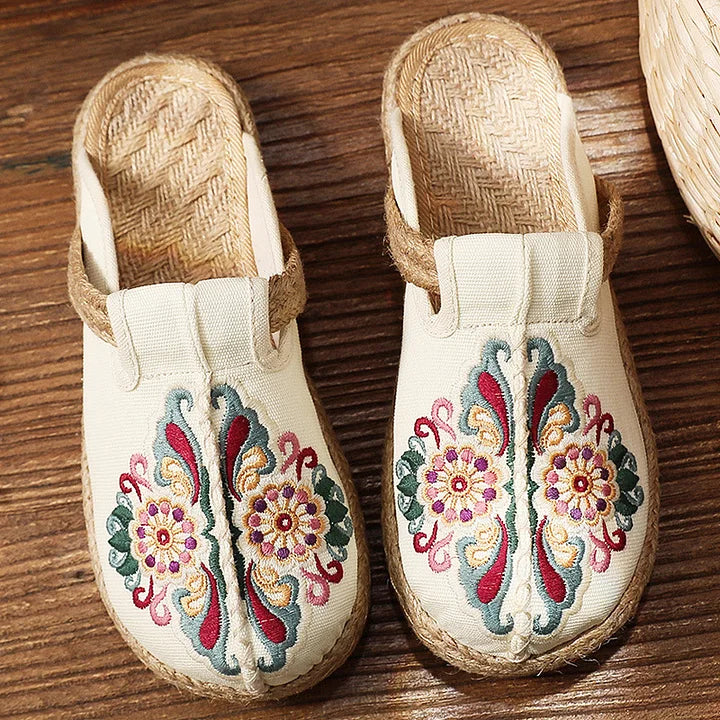Katy | Pantolettes en Coton Brodé à Fleurs