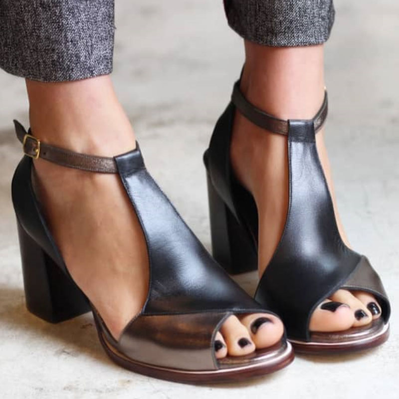 Katrina | Sandales Patchwork Noires à Bout Ouvert Et Talon Élégant