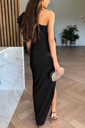 Mirena | Robe Midi Fendue À Épaules Dénudées Et Manches Volantées