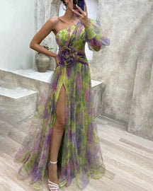 Aureline | Robe Midi Satinée À Une Manche Et Décolleté En V