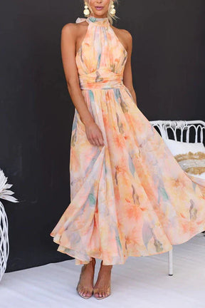 Charmaine | Robe Évasée En Chiffon À Imprimé Aquarelle Et Col Halter