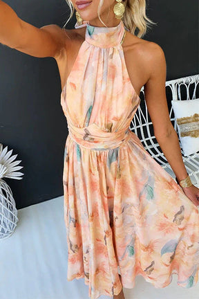 Charmaine | Robe Évasée En Chiffon À Imprimé Aquarelle Et Col Halter