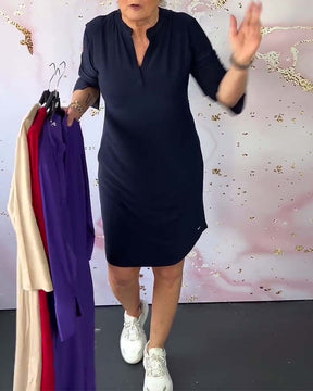 Elle - Robe Unie Col V Élégante Et Confortable