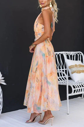 Charmaine | Robe Évasée En Chiffon À Imprimé Aquarelle Et Col Halter