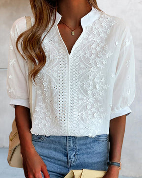 Janice | Blouse À Col V Avec Manches Bouffantes Et Dentelle Délicate