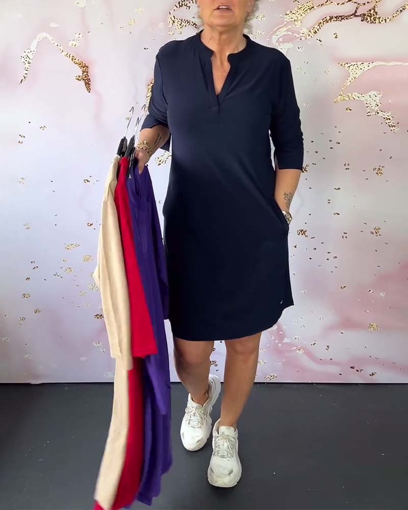 Elle - Robe Unie Col V Élégante Et Confortable