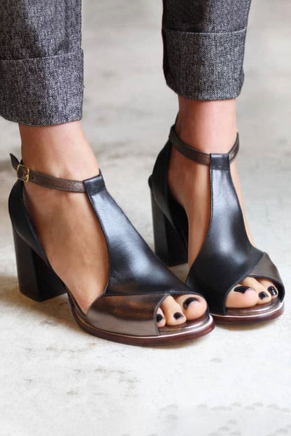 Katrina | Sandales Patchwork Noires à Bout Ouvert Et Talon Élégant