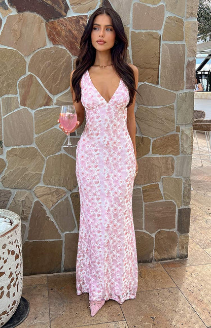 Selina | Robe Longue en Dentelle Rose Élégante