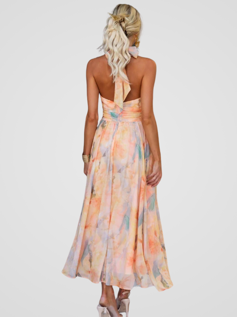 Marisse | Robe Évasée En Chiffon À Imprimé Aquarelle Et Col Halter