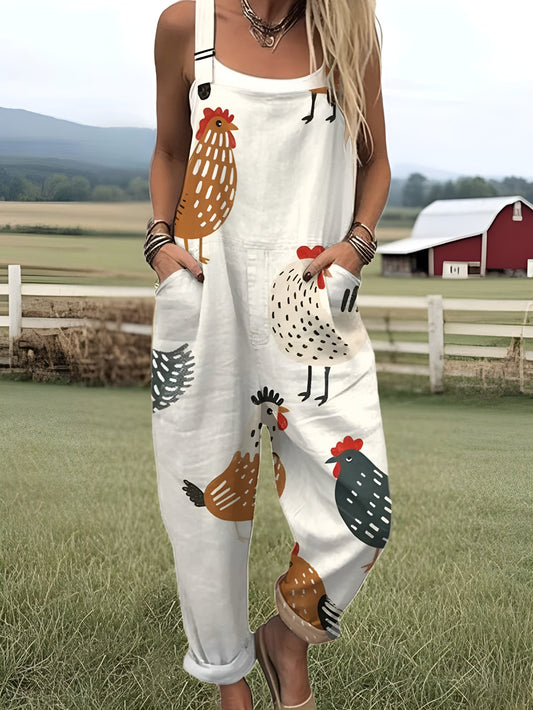 Rochelle | Combinaison Large Imprimé Poule Vintage Pour Journées Décontractées