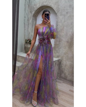Aureline | Robe Midi Satinée À Une Manche Et Décolleté En V