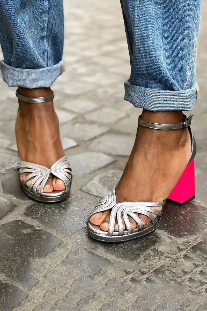 Adeline | Sandales Brillantes à Talon Épais Et Boucle Colorée