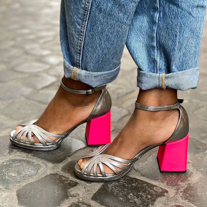 Adeline | Sandales Brillantes à Talon Épais Et Boucle Colorée