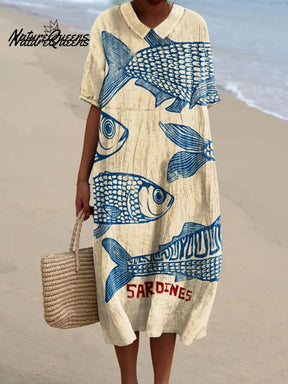 Jolina | Robe Vintage En Coton Imprimé Poissons