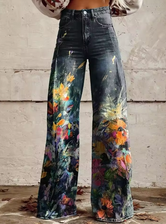 Ariana | Jean Évasé À Motif Floral Artistique