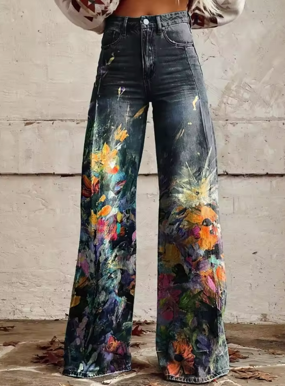 Ariana | Jean Évasé À Motif Floral Artistique
