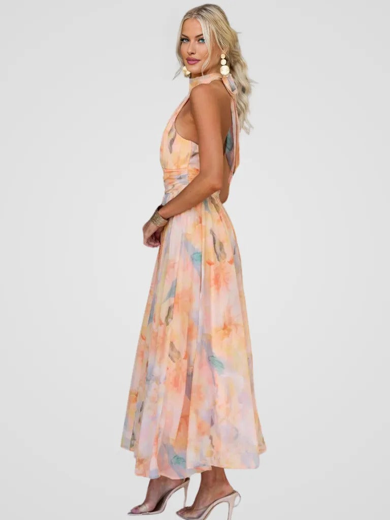 Marisse | Robe Évasée En Chiffon À Imprimé Aquarelle Et Col Halter