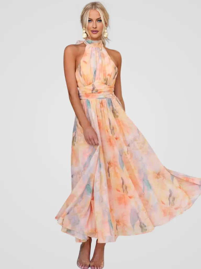 Marisse | Robe Évasée En Chiffon À Imprimé Aquarelle Et Col Halter
