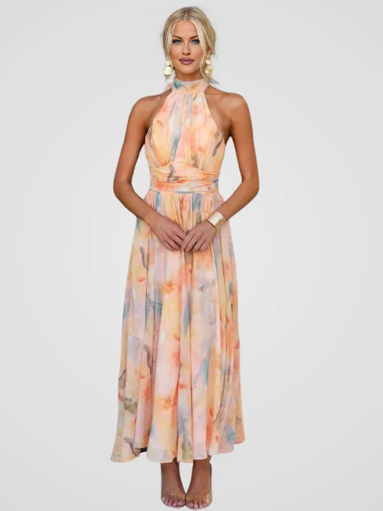 Marisse | Robe Évasée En Chiffon À Imprimé Aquarelle Et Col Halter